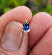 Pear Cut Natural Sapphire & Diamond Solitaire Piercing Stud Pin 14K Yellow Gold