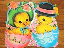 VINTAGE Easter Ducklings in Spring Bonnets Easter Eggs Die Cut Made in USA