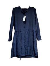 New Uniqlo Womens XS Navy Blue Rayon Long Sleeve Shirt Dress Drawstring Waist
