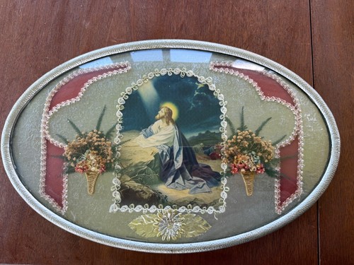 Vintage Bubble Glass "The Garden of Gethsemane" Metal Frame 18"X11" Jesus