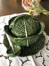 Ancienne soupière légumier en barbotine, forme chou vert et blanc