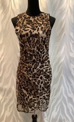 Free Press Leopard Sheer Mesh Lined Ruched Side Sleeveless Sheath Dress M
