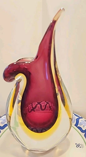 Vintage Murano Sommerso  Blown Glass Vase  Cranberry Yellow Clear