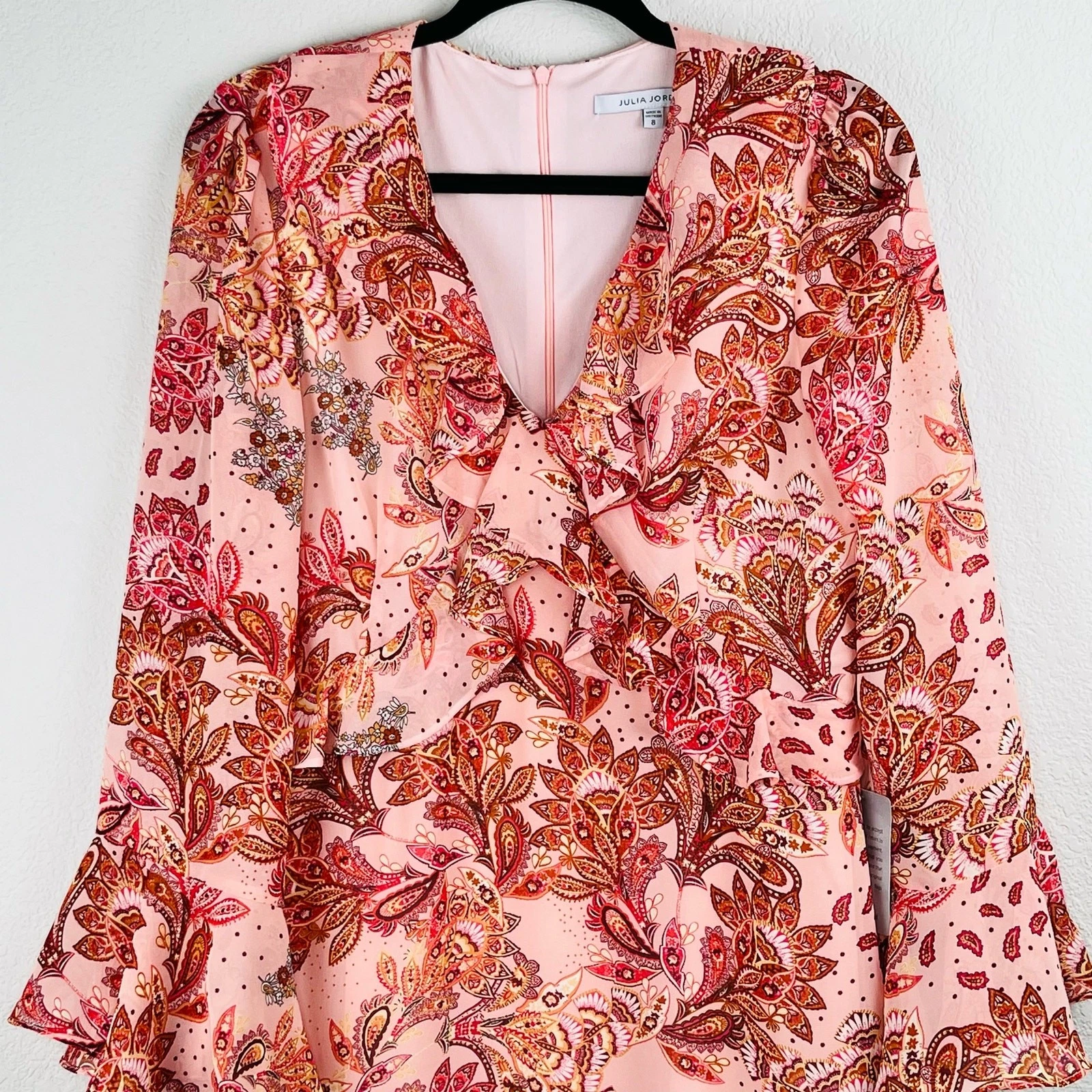 VETEMENTS Abito midi Julia Jordan balza arricciata manica a campana floreale paisley rosa 8 nuovo con etichette