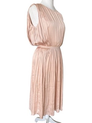 Massimo Dutti Blush Rose Pink Pleated Dress Size Medium Halted Midi Satin
