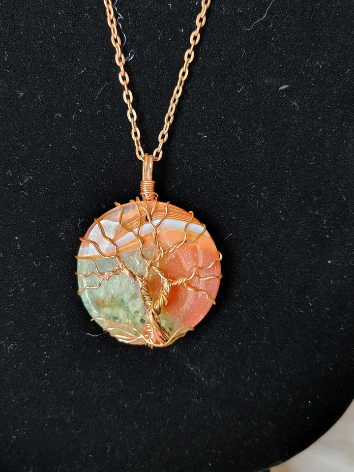 Handmade Tree of Life Wire Wrapped Pendant Necklace Copper Chain Agate Gemstone - Image 2 of 4