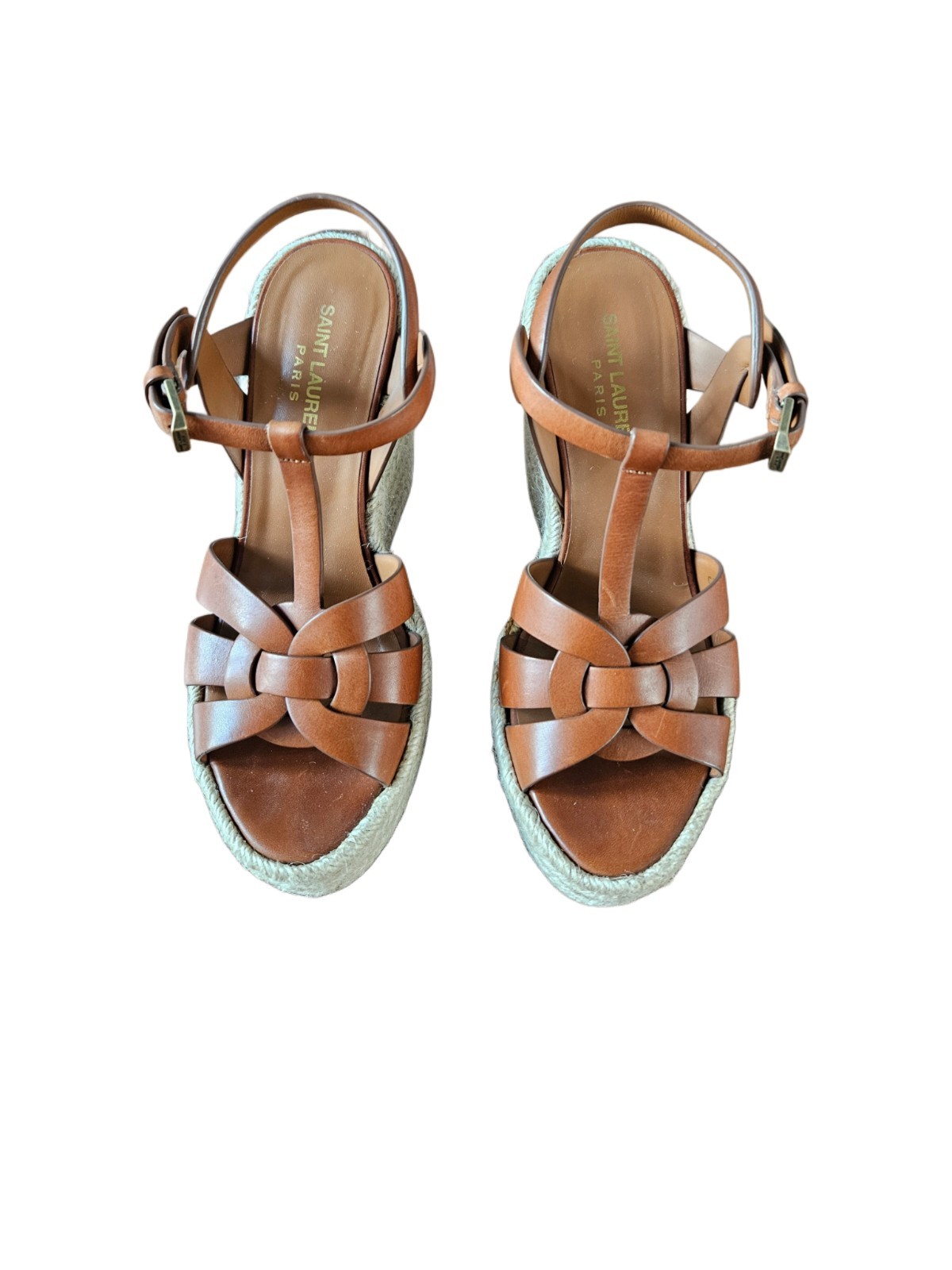 Sandalo Saint Laurent con zeppa in pelle marrone