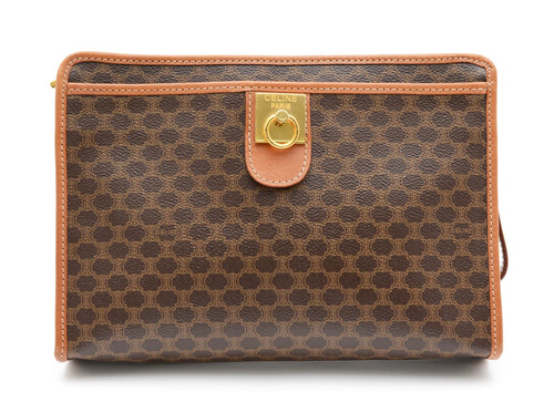 CELINE [Rank AA] Macadam Gancini Blason Clutch Bag PVC Leather Brown Gold Auth