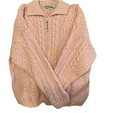 Aran Crafts Sz XL 100 Merino Wool Pink Cable Ireland Cardigan Sweater Full Zip