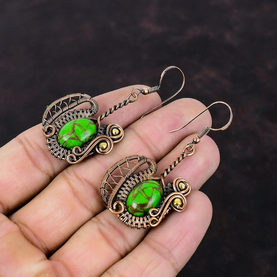 Copper Copper Green Turquoise Stone Wire Wrapped Dangle Drop Earrings Jewelry - Image 3 of 4