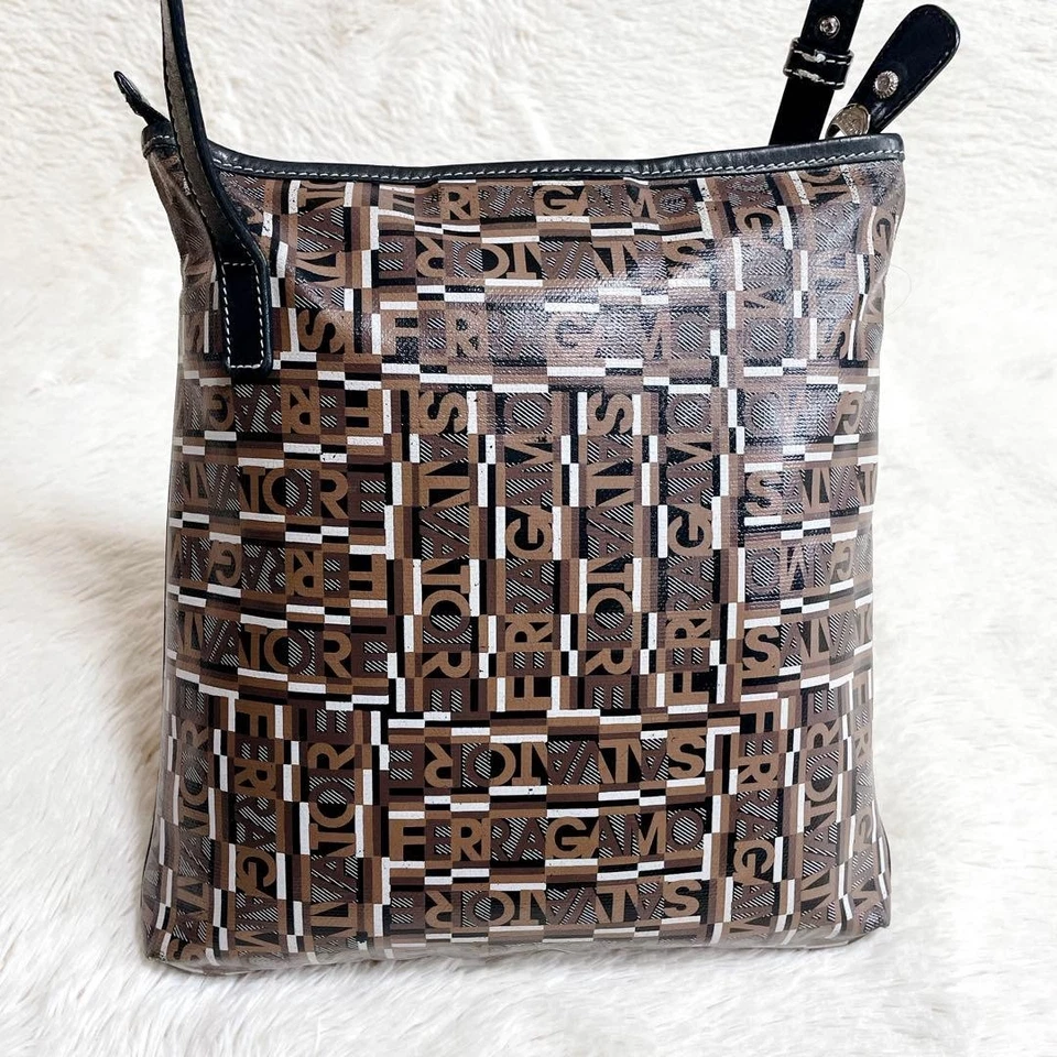 Auténtico bolso de hombro Salvatore Ferragamo de cuero PVC marrón negro para mujer 127490 Foto 2 de 4