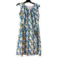LA SOUL Women Lemon Leaf Print Sleeveless Belted Midi Dress Size L Fruit Classy