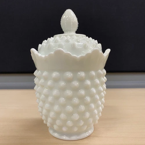 Vintage Fenton White Milk Glass Hobnail Decorative Candy Jar Sugar Bowl With Lid