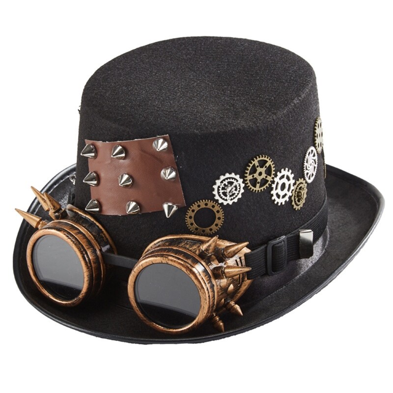 Gothic TopHat Gear Chain Glasses Rivet Hat Steampunk Hat for Carnival Party