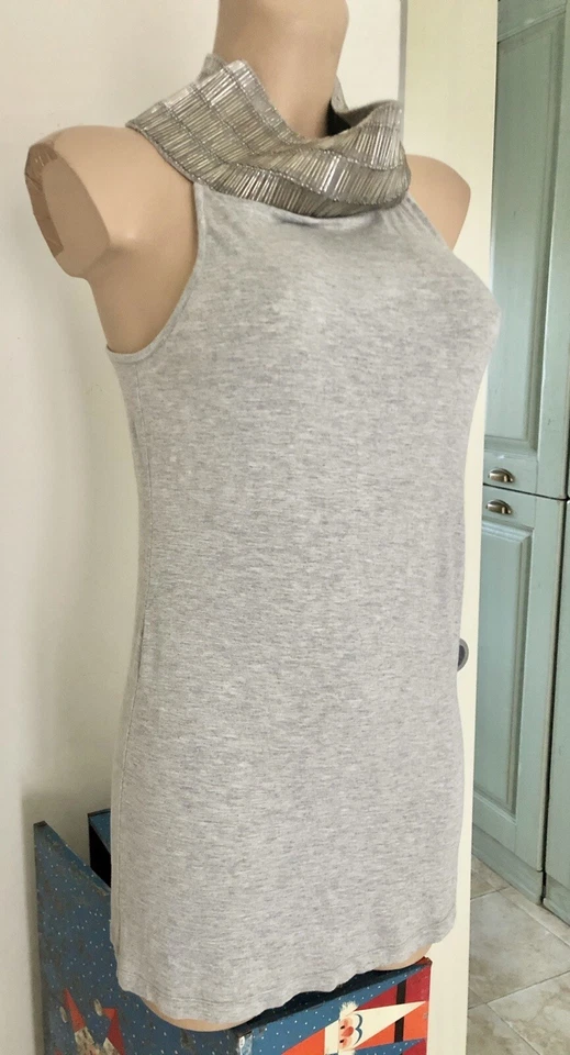Patrizia Pepe Top Silver Pipes Boucheron Collar Up Grey Cotton Jersey Queen SZ M - Image 4 of 4