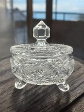 Vintage Hand Cut Lead Crystal Footed Covered Candy Dish Boho 5.5"