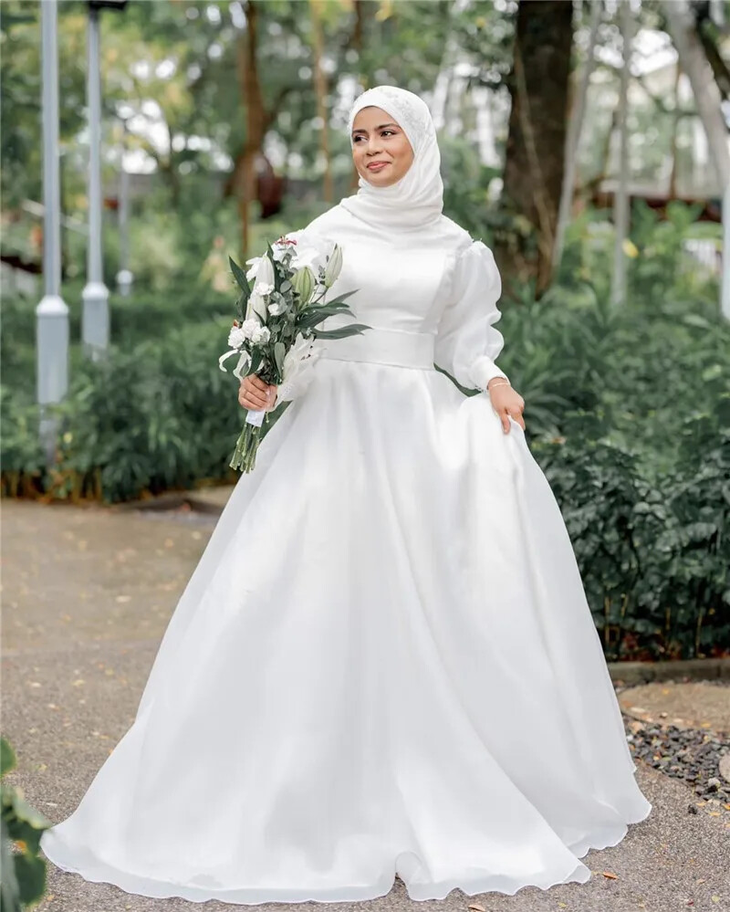 chinese dress ladies Soft Wedding Dress Full Sleeves Pleated Lace Appliques Muslim -