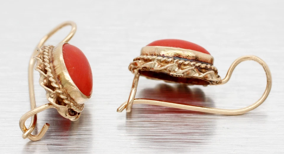 Vintage Red Coral Cabochon Dangle Earrings - 14k Yellow Gold Wireback - Image 3 of 4