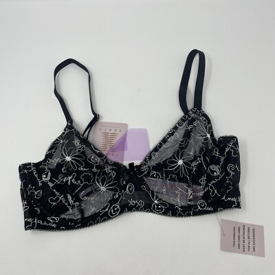 NWT Savage x Fenty Dear Diary Embroidered Unlined Caviar Bra Sz 36DD Black