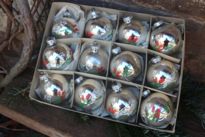 12 Vintage Christmas Tree Baubles Silver With Bird Rose Hips Decor