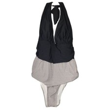 Black  Striped One-Piece Halter Swimsuit Retro Pin-Up Swimming Costume XL