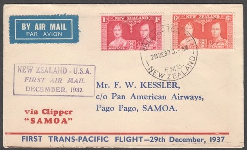 1937 New Zealand First AirMail via Clipper SAMOA to Pago Pago Cover FDC