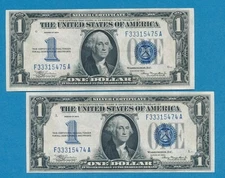 2-$1.00 1934 CONSECUTIVE FUNNY BACK  BLUE SEAL SILVER CERTIFICATES CHOICE NEW