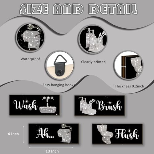 4 Pcs Bathroom Decor Funny And Black Wall Art Wooden 10 X 4 Inch Silver