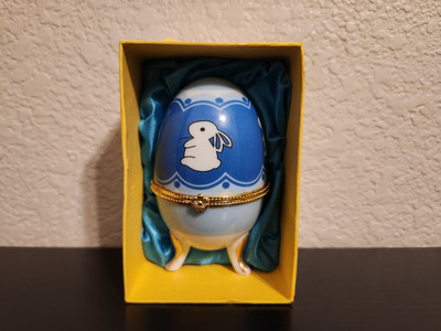 Golden Trimmed Blue Glass Easter Egg Bunny Case with Legs