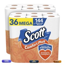 Scott ComfortPlus Toilet Paper, 36 Mega Rolls 144 Regular Rolls, Bath Tissue