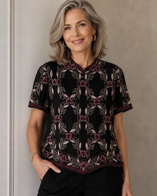 Adriana Papell Boutique Evening Floral Sequin Blouse 100% Silk Elegant Womens XL