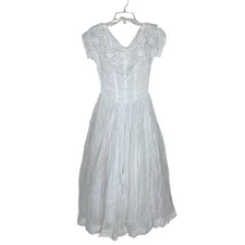 Vintage Wedding Dress Tea Length Lace Collar Short Sleeve Cottage Fairy Handmade