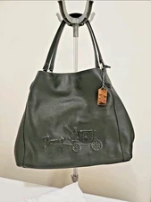 Coach Embossed Horse & Carriage Large Edie Shoulder Bag in Black Pebble Leather