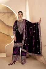 New Latest Heavy Viscose Velvet Salwar Kameez With Wine Dupatta For Party Wear