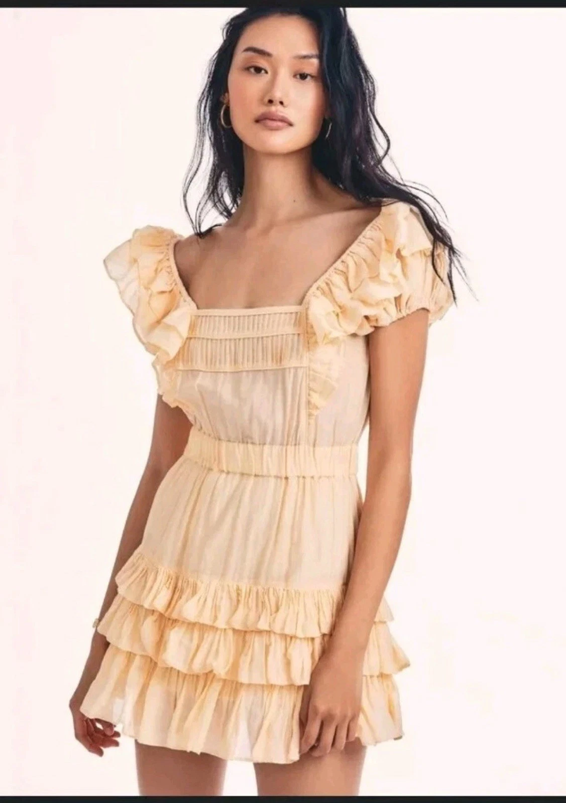 PALM ANGELS LoveShackFancy Avorio Mini Abito Increspato Seta Cotone Beige Arancione Donna Grande