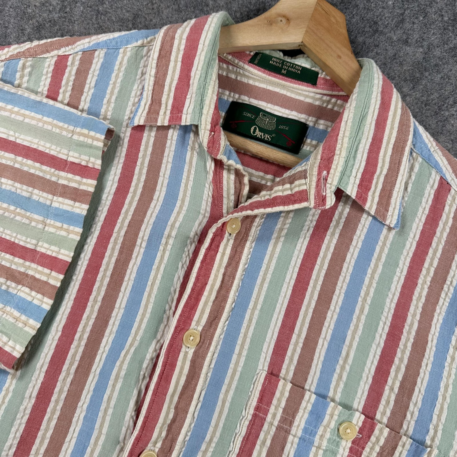 Orvis Shirt Mens Medium Multicolor Striped 100% Cotton Short Sleeve Button Up