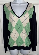 J. Crew Sz Medium Blue Green Wool Cashmere Blend Argyle Lightweight Sweater EUC