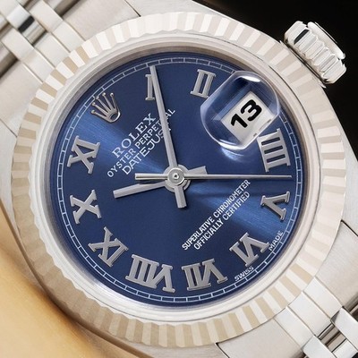 Rolex Damen Datejust 69174 18K Weiss Gold Stahlblau Römische Dial Jubiläum Uhr