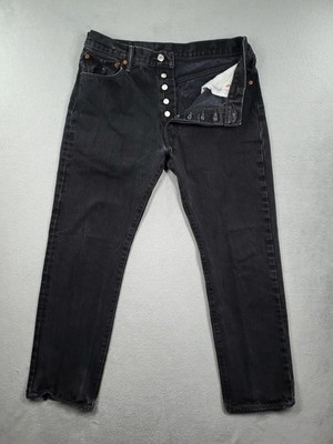 Levis 501 Jeans Mens 34x32 Black Straight Mid Rise Button Fly Dark Wash Denim
