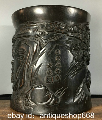 #ad 5.8quot; Vieille Chine Ebony Wood Liu Hai joue Jin Chan Stylo Holder Pot de brosse EUR 220.00