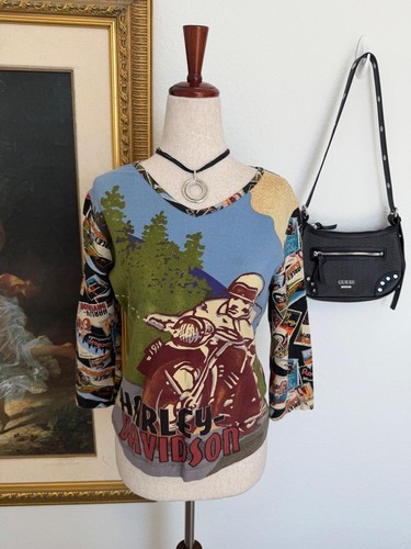Y2K Vintage Harley-Davidson Art Pop Print Long Sleeve Top