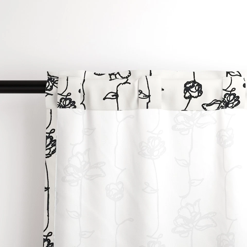 Juego de 2 paneles de cortina personalizados estampados en blanco negro floral de una línea con rayas florales Foto 3 de 4