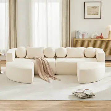 Modular panoramic sofa with bed function, beige or black chenille,
