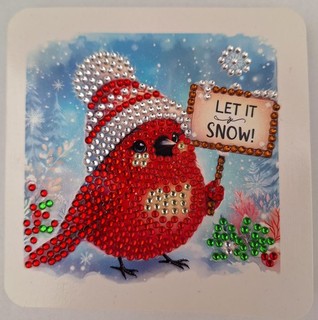 1 fert. DP Gruß Klappkarte Winter Vogel "Let it snow" mit Strasssteinen belegt