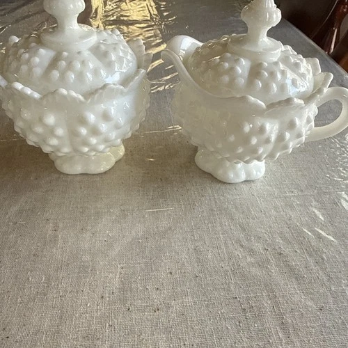 Vintage Fenton White Milk Glass Hobnail Creamer & Sugar Set w Lids!