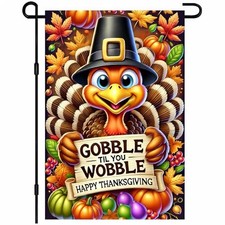 Happy Thanksgiving Garden Flag 12x18 Inch Double Sided Gobbled Fall Turkey