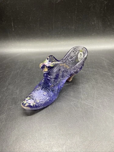 VTG FENTON Daisy Button Cat Head Purple Glass Slipper Shoe Hand Painted D Owens