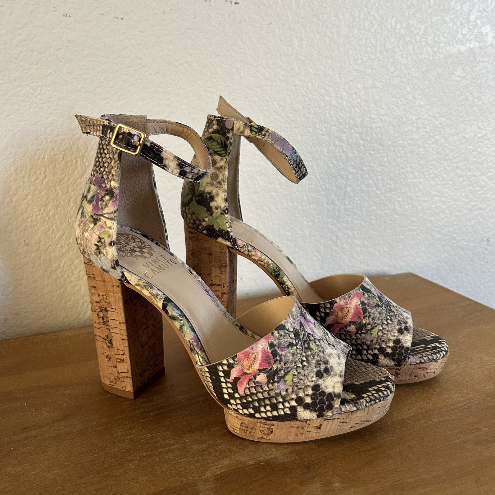 Vince Camuto VC-Ciestie Shoes Womens Size 6M Floral Snake Ankle Strap Block Hee