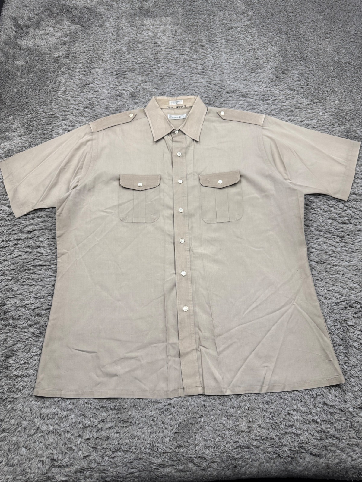Christian Dior Shirt Men XL Beige Safari Military Short Sleeve Button Up Vtg