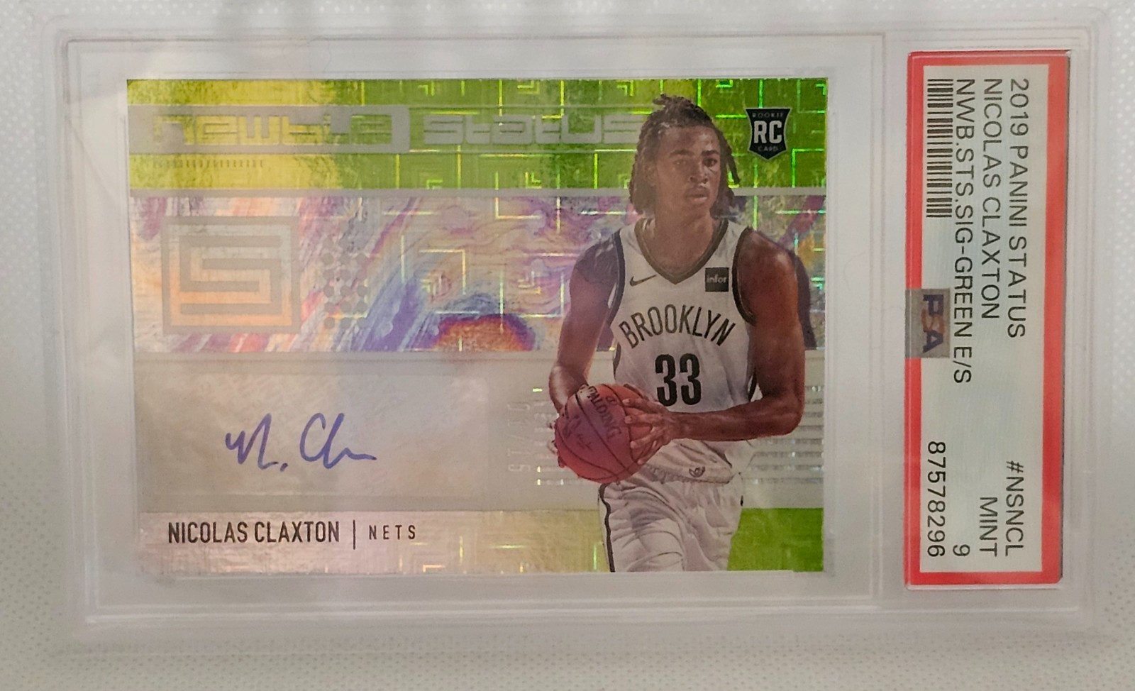 Nicolas Claxton Panini Status Newbie Rookie Auto Green Escher Squares 1/15 PSA 9 view 2